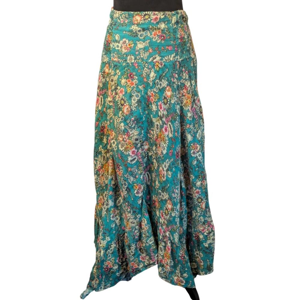 Natural Life Boho Peasant Teal Floral Smocked High-Low Maxi Skirt M
